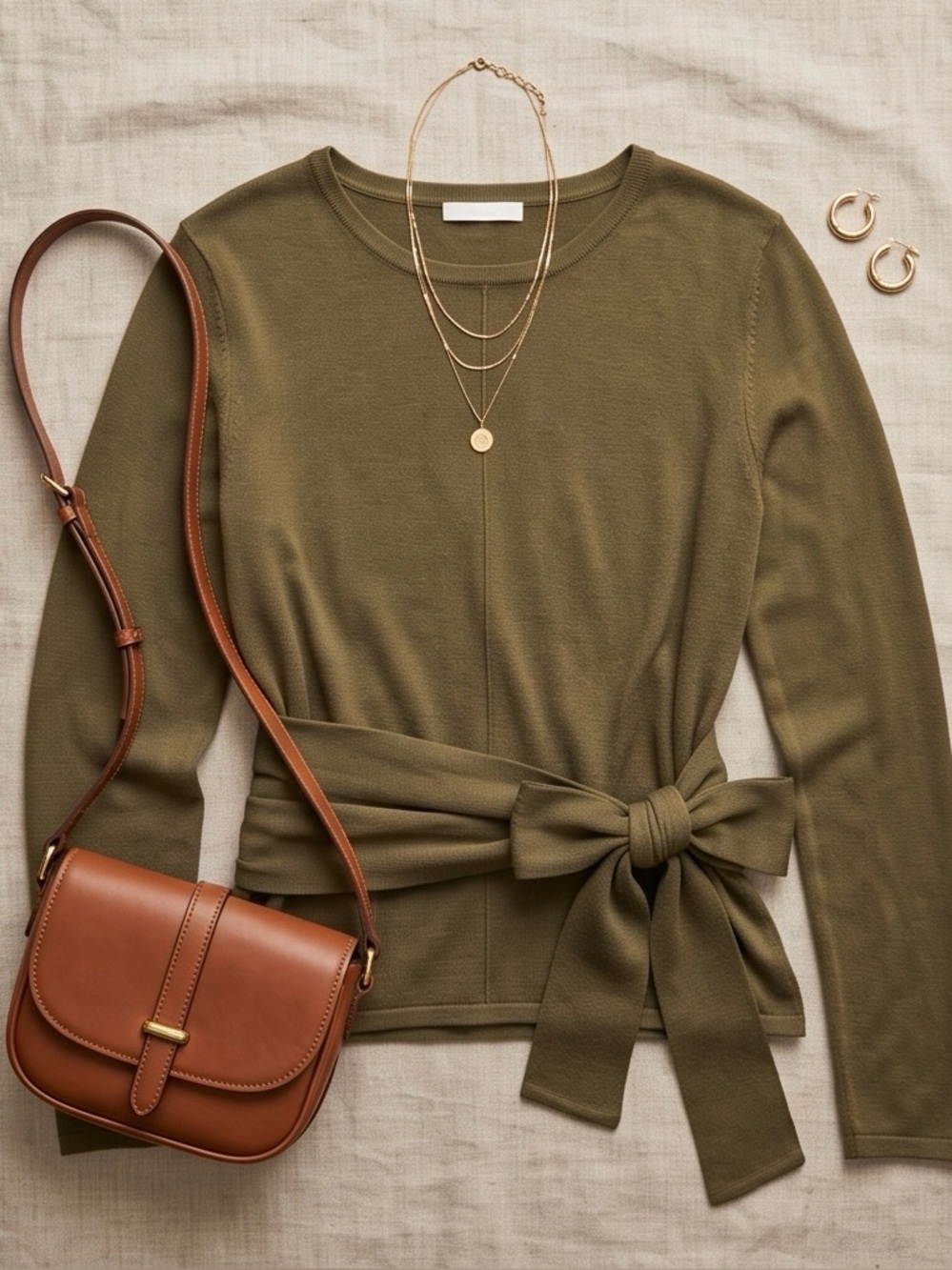 Modern Citizen Long Sleeve Wrap Around Tie Top, Knit Olive Green Size Medium - Picture 4 of 15
